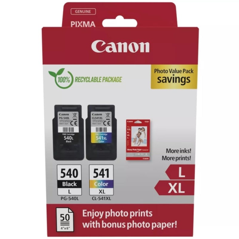 Canon PG540L Preto + CL541XL Cor Pack de 2 Tinteiros Originais - 50 Folhas de Papel Fotográfico - 5224B012/5224B007/5224B005/522