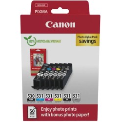 Canon PGI530/CLI531 Pack de 6 Tinteiros Originais + 50 Folhas de Papel Fotográfico 10x15cm - 6117C004