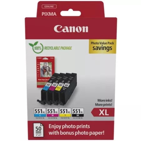 Canon CLI551XL Pack de 4 Tinteiros Originais + 50 Folhas de Papel Fotográfico - 6443B008/6443B006