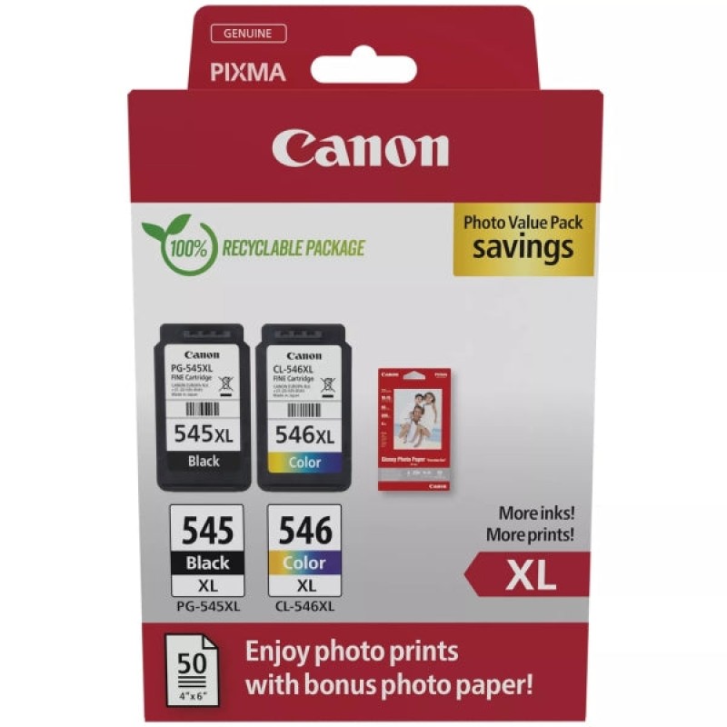 Canon PG545XL Preto + CL546XL Cor Pack de 2 Tinteiros Originais + 50 Folhas de Papel Fotográfico - 8286B011/8286B006