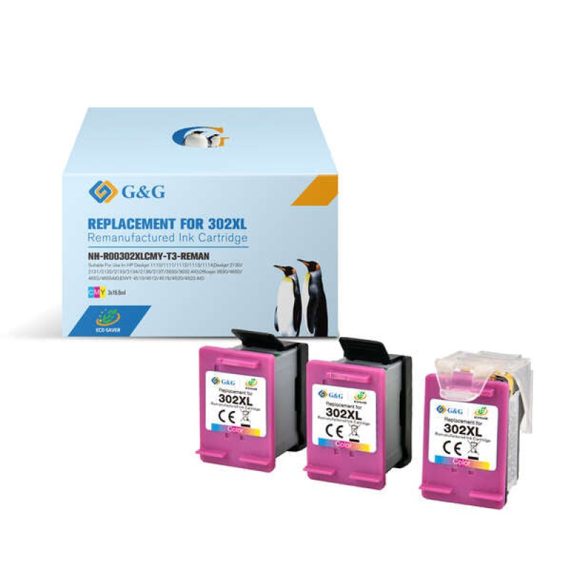 G&G HP 302XL Cor Pack de 3 Tinteiros Remanufacturados - Eco Saver - Muestra Nivel de Tinta - Substitui F6U67AE/F6U65AE/B7RT9AE/B