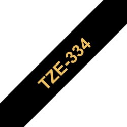 Brother TZe334 Fita Laminada Compatível de Etiquetas - Texto dorado sobre fondo Preto - Largura 12mm x 8 metros