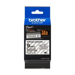 Brother TZeS121 Fita Laminada Super Adesiva Original de Etiquetas - Texto Preto sobre fondo transparente - Largura 9mm x 8 metro