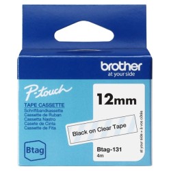 Brother Btag-131 Fita 12mm - Texto Preto sobre Fondo Transparente - Medidas 12mmx4 Metros - Apta para PTN10, PTN20, PTN25BT