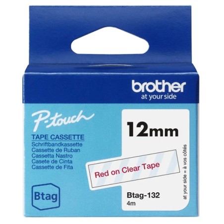 Brother Btag-132 Fita 12mm - Texto Vermelho sobre Fondo Transparente - Medidas 12mmx4 Metros - Apta para PTN10, PTN20, PTN25BT