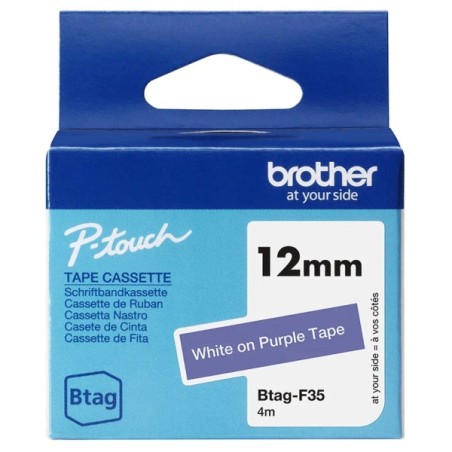 Brother Btag-F35 Fita 12mm - Texto Branco sobre Fondo Roxo - Medidas 12mmx4 Metros - Apta para PTN10, PTN20, PTN25BT