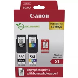 Canon PG560XL Preto + CL561XL Cor Pack de 2 Tinteiros Originais - 50 Folhas de Papel Fotográfico - 3712C008/3712C004