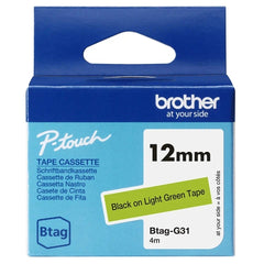 Brother Btag-G31 Cinta 12mm - Texto Negro sobre Fondo Verde - Medidas 12mmx4 Metros - Apta para PTN10, PTN20, PTN25BT